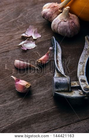 Garlic background. Fresh garlic and garlic press. On dark brown rustic background.