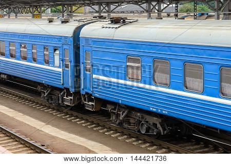 BREST, BELARUS - AUG 30, 2014: Train Brest - Moscow at the Central Railway station in Brest, Belarus. Brest railway station was found in 1886
