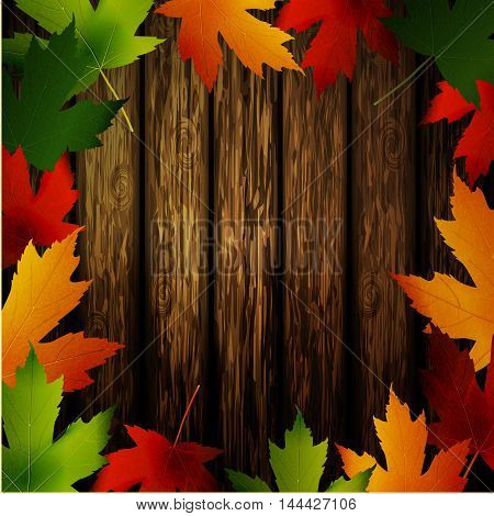Wooden wall with autumn leaves frame and falling leaves vector illustration