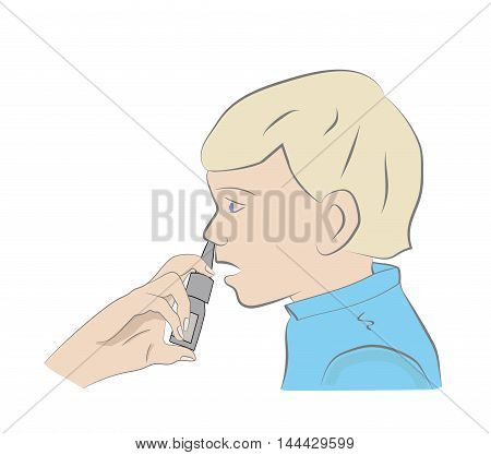 Nasal nose spray for child. instill medication into the face. Illustration on the theme of the common cold. Nasal spray