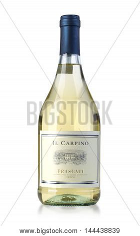 Chisinau Moldova 27 July 2016: Bottle of white wine Most Popular Frascati wines: the region the grapes for the wines.Lazio's great wines Italy