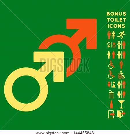 Gay Sex icon and bonus man and woman restroom symbols. Vector illustration style is flat iconic bicolor symbols, orange and yellow colors, green background.