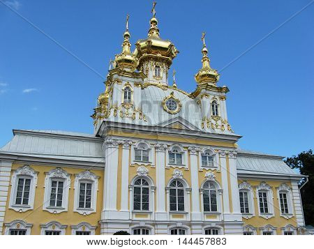Church in Peterhof in clear sunny day. Temple. Tourist attraction. Landmark. Monument of architecture. Historic building. Historic monument. Suburb of Saint Petersburg. Russia.