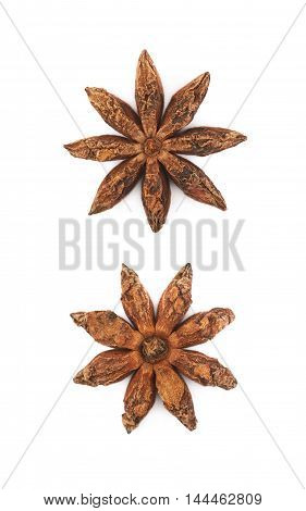 Single Chinese star anise seed isolated over the white background, set of two different foreshortenings