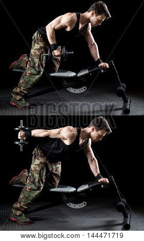 Triceps kickback exercise. Studio shot over black.