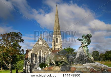 St. Alban's church (Den engelske kirke) and fountain in Copenhagen Denmark