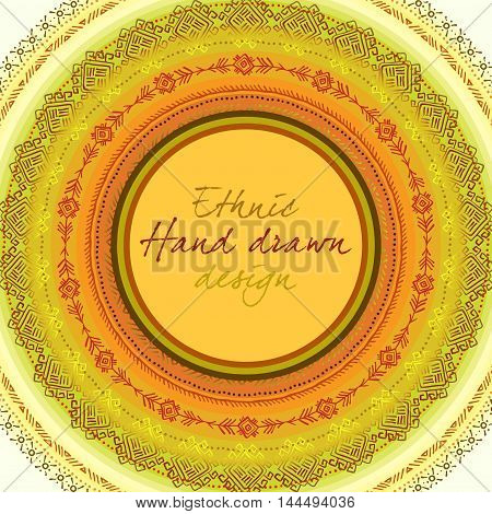 Sunny circle tribal ornament frame with round label and text place in yellow orange background. Geometric ethnic colorful design. Vector illustration stock vector.