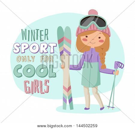 Girl with skis. Girl in jacket and ski goggles.