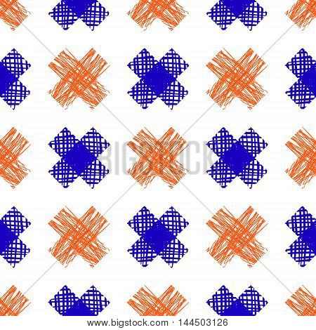 Seamless vector geometrical pattern. Endless background with hand drawn blue and red cross.