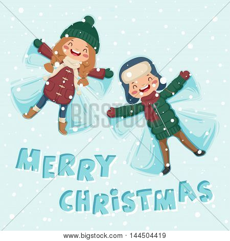 Girl in the snow plays with the boy. Making angel in the snow.