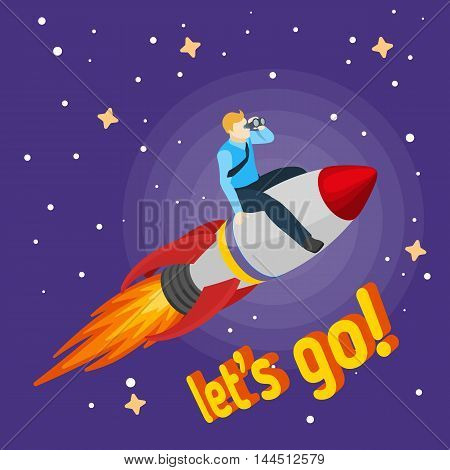 A man flying on a rocket and looks through binoculars. Trendy flat design, businessman riding on a rocket, business concept of moving forward for success