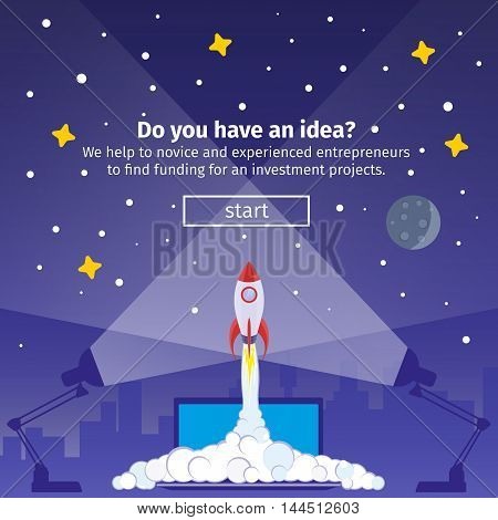 Rocket ship in a flat style banner. Business startup concept with rocket. The light from the lamps and a starry sky with the moon.
