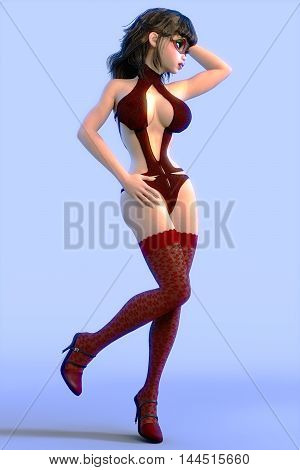 Sexy glamorous girl in red mask, body swimsuit and stockings. Young beautiful woman in studio. Seductive candid pose. Photorealistic 3D render illustration. High key. Glamorous glow.