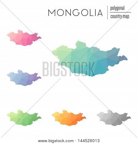 Set Of Vector Polygonal Mongolia Maps. Bright Gradient Map Of Country In Low Poly Style. Multicolore