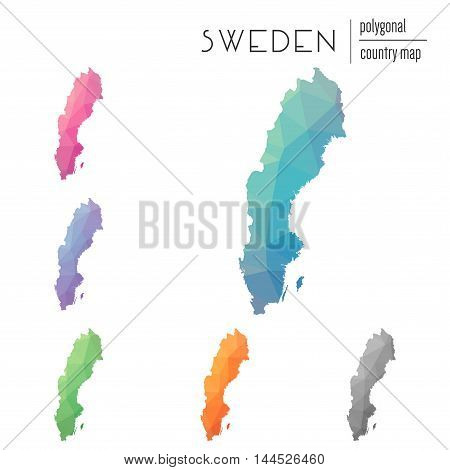 Set Of Vector Polygonal Sweden Maps. Bright Gradient Map Of Country In Low Poly Style. Multicolored