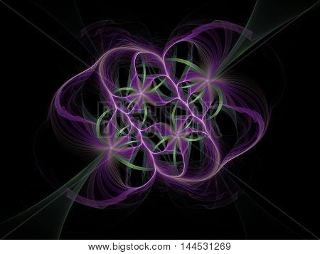 lilac flower with green leaves framed by long purple veil on a black background