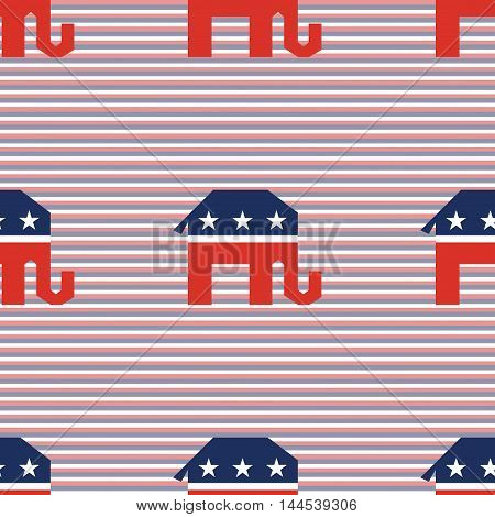 Broken Republican Elephants Seamless Pattern On Red And Blue Diagonal Stripes Background. Usa Presid