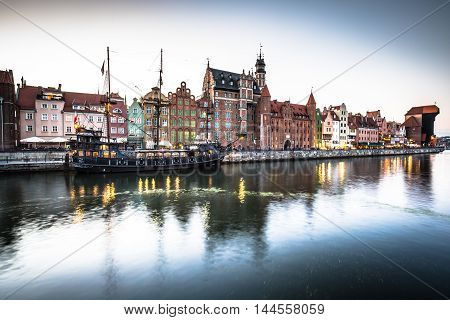 GdanskPoland-September 192015: old town and famous crane Polish Zuraw. View from Motlawa river