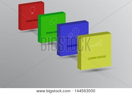 Four steps timeline infographics with 3D squares outline icons and lines on ground. 4 steps business infographic with bulb doodle gear and chart icons on colorful 3D rectangles.
