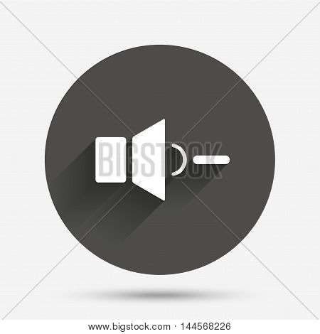 Speaker low volume sign icon. Sound symbol. Circle flat button with shadow. Vector