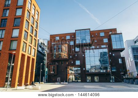 TALLINN ESTONIA - MARCH 19 2015: Scandinavian architecture of Rotermann quarter in Tallinn. Modern buildings with unusual shapes windows