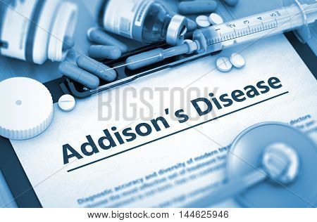 Diagnosis - Addison's Disease On Background of Medicaments Composition - Pills, Injections and Syringe. 3D.