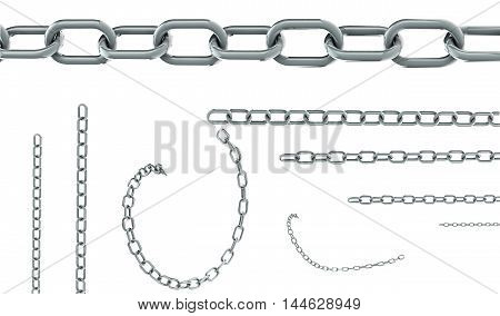 Seamless chains isolated on white background for continuous replicate - realistic 3D render illustration.