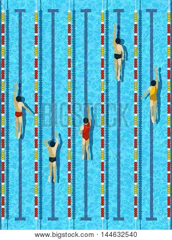 Top view swimming pool, aquatic race water basin with several athlete swimmers vector illustration