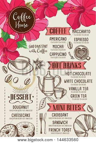 Coffee restaurant brochure beverage menu design. Tea vintage board. Vector cafe template with hand-drawn graphic.