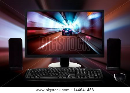 Computer set with digital background. Concept of computer set created for gamers.