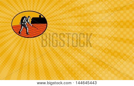 Business Card showing Illustration of a paver sealer contractor sealing paving with house in the background set inside oval shape done in retro woodcut style.