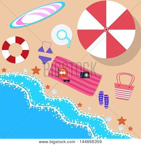Summer beach in flat design sea side and beach items vector illustration