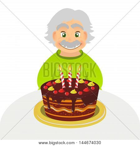 Old man celebrating birthday. Senior man with chocolate cake and candle sitting alone over white. Portrait of grandfather with grey hair and mustache front view. caucasian elder man.