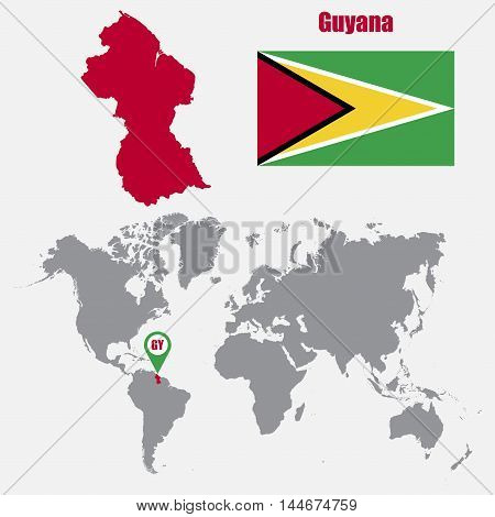 Guyana map on a world map with flag and map pointer. Vector illustration