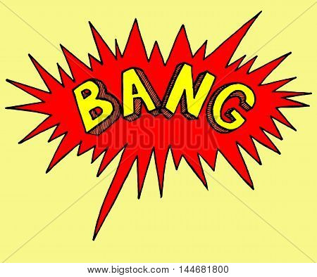 Comics style stamp of bang. Sticker emotion of explode. Colorful bright illustration. Freehand art.