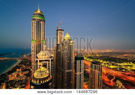 Majestic Colorful Dubai Marina Skyline During Sunset. Multiple Tallest Skyscrapers Of The World. Dub