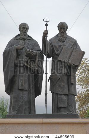 SKOPJE MACEDONIA - SEPTEMBER 16: Saints Cyril and Methodius Monument in Skopje on SEPTEMBER 16 2012. Bronze Statues of Educators and Missionaries Saint Cyril and Methodius in Skopje Macedonia.