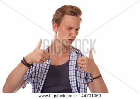 Man In A Plaid Shirt Gesturing Ok Sign On White Background