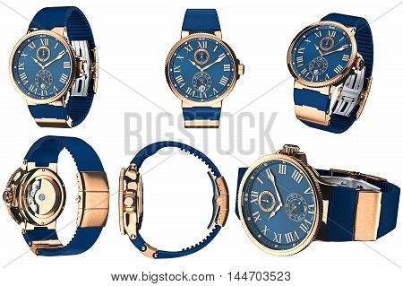 Wrist watch accessory golden mechanical set. 3D graphic