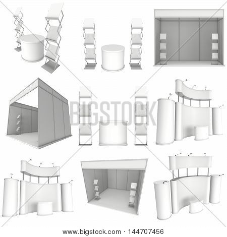 Trade show booth set. Roll-Up Pop-Up with Reception Desk. 3d render isolated on white background. 3d render isolated on white background. Floor Stands Collection. Ad template for your expo design.