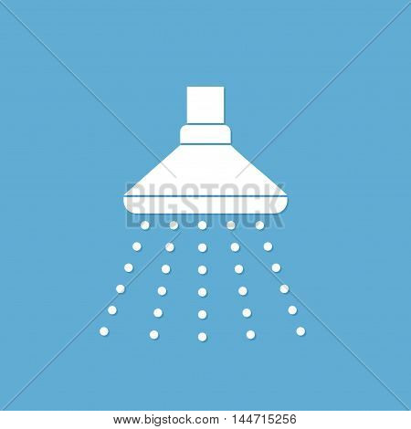 White shower icon isolated on blue background. Shower with water drops symbol icon un flat style.