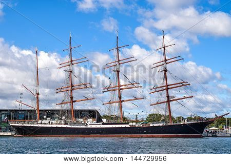 ROSTOCK, GERMANY - AUGUST 2016: Four-master sailing ship STS Sedov, formerly Magdalene Vinnen II and Kommodore Johnsen. Sedov is Four-masted steel barque and a sail training vessel.