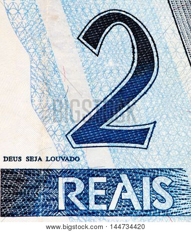 2 Brasilian reals bank note. Real is national currency of Brasil