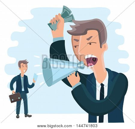 Vector illustration big boss commanding officer into a megaphone. small employee afraid of him.