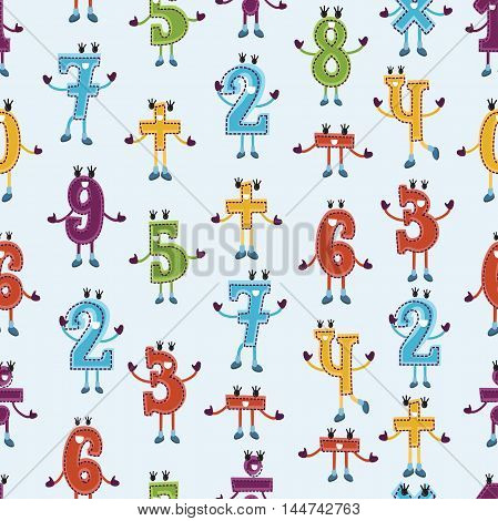 Vector seamless pattern of happy cartoon numbers characters of smiling digits