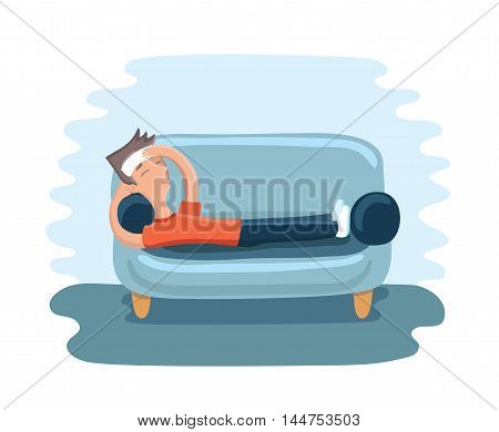 Vector illustration of cartoon man lying with a compress on the foreheadon on sofa and suffering with headache