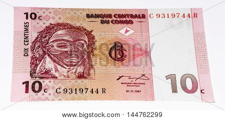 10 centimes bank note of Congo. Centimes is one of the currencies of Congo