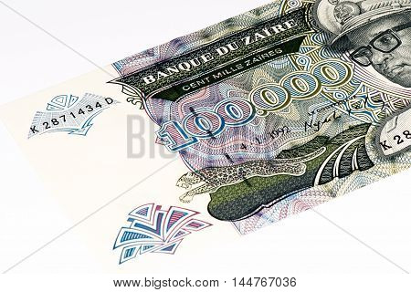 100000 Zaire bank note. Zaire is the national currency of Zaire