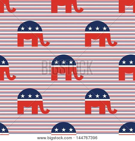 Republican Elephants Seamless Pattern On Red And Blue Diagonal Stripes Background. Usa Presidential