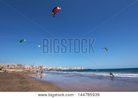 EL MEDANO SPAIN - JULY 16: kytesurfers on july 16 2016 in the beach of El Medano Tenerife Canary islands Spain .